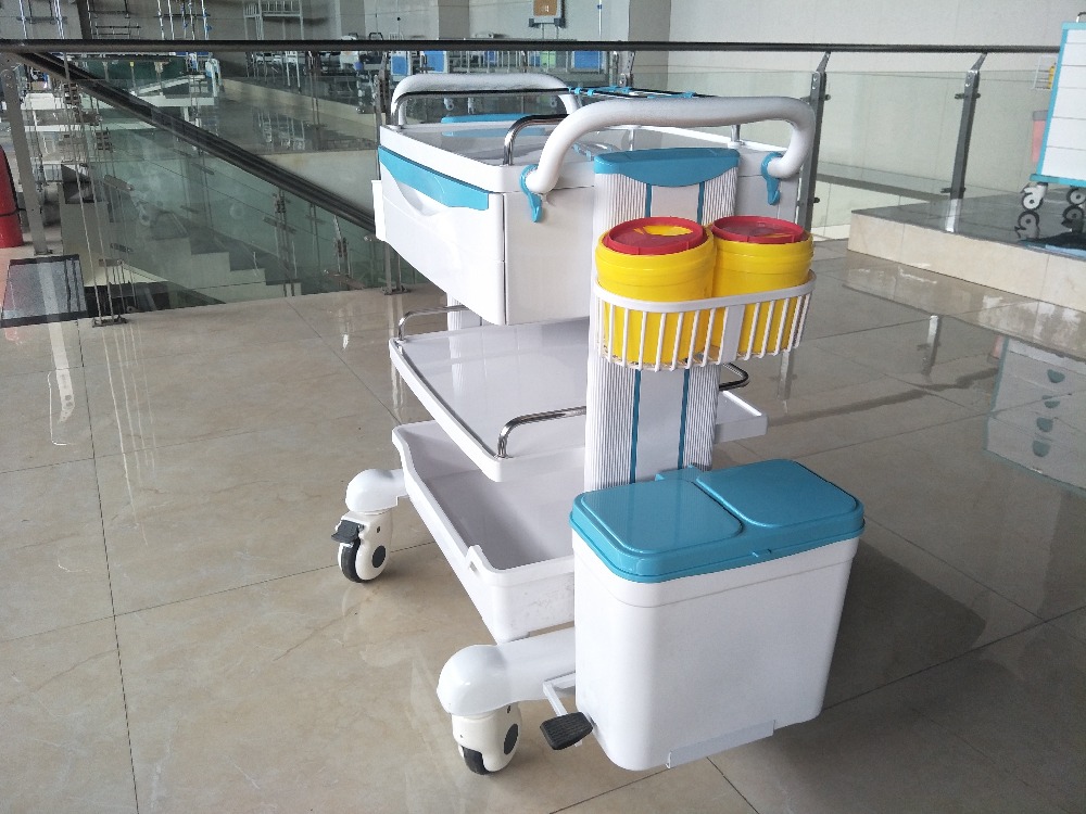 Hospital ABS plastic treatment trolley for emergency use with trash can