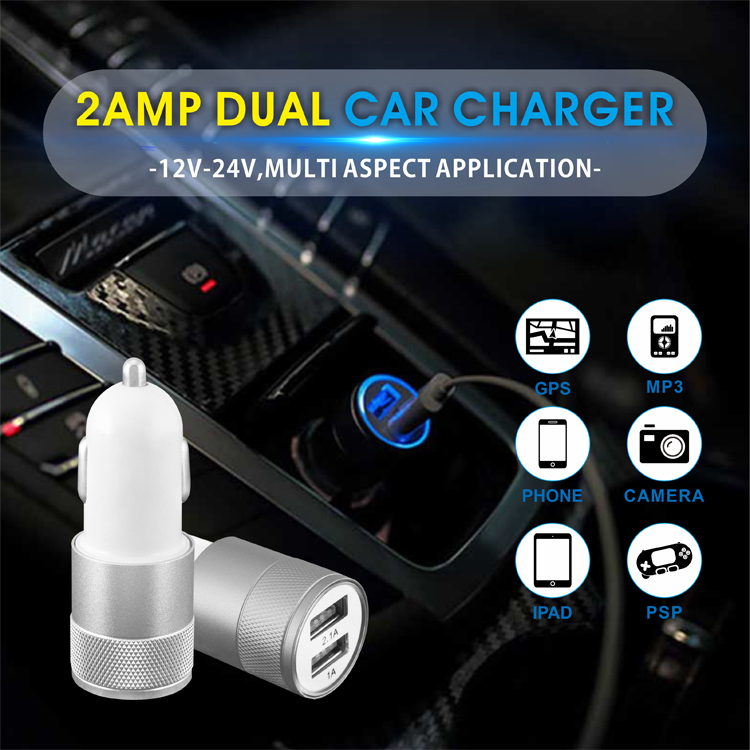 Aluminium Alloy ABS Material 5V 2.1A Dual Usb Car Charger For Mobile Phone