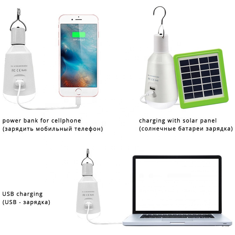 Phone Charging LED Solar bulb light, 7W AC100-240V DC5V Rechargeable light led bulb lamp, energy saving e27 solar led light bulb