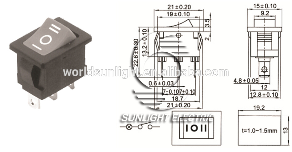 Sub-miniature type KCD1-123-2 3 way on off on momentary rocker switch