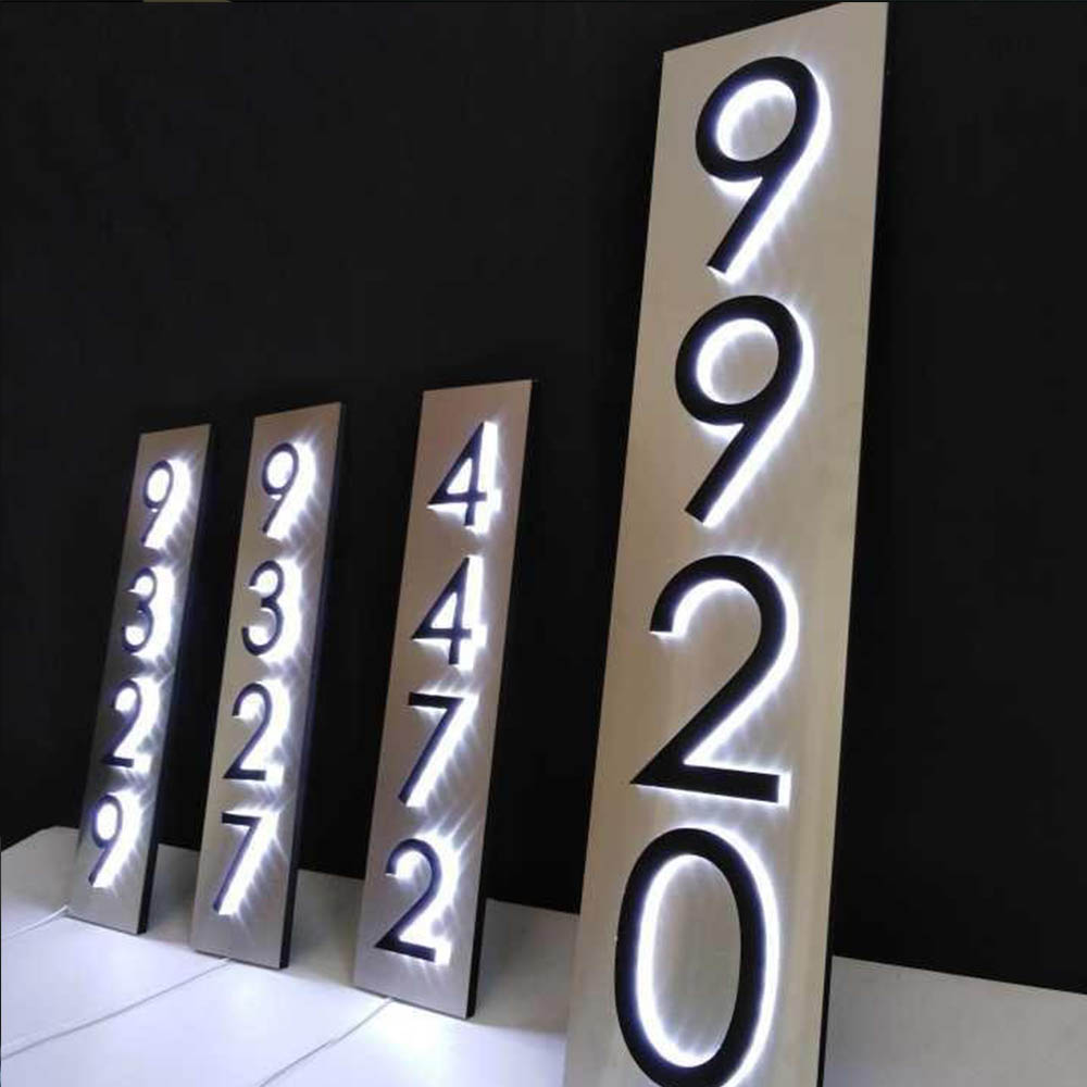 Customized chrome house number plaques led backlit stainless steel illuminated house numbers solution sign