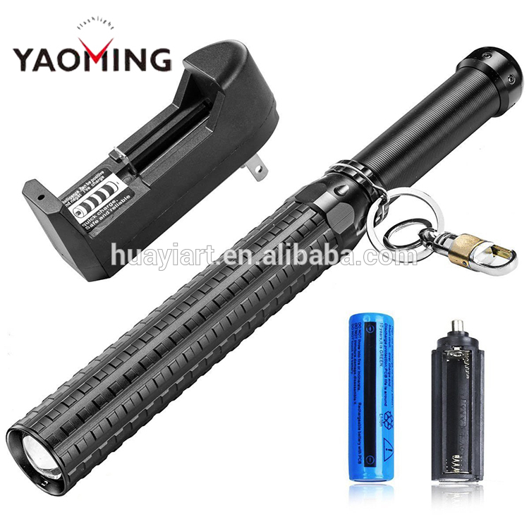 Police Guard Security Baton Flashlight Zoom Focus Self Defense 18650 Battery Rechargeable LED Flashlight