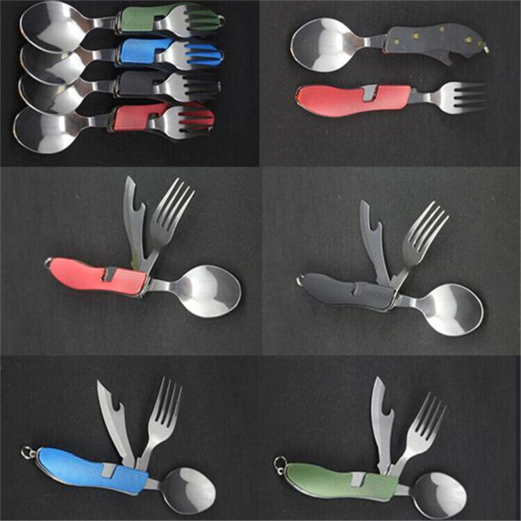 Portable Camping Tableware Outdoor 3 in 1 Folding Travel Camping Utensil Stainless Pocket Spoon Fork Combination