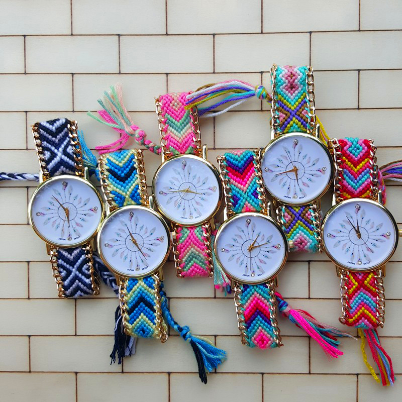 Hot Sale latest Design Women's Casual Colorful Design Fashion Peacock Feather Woven Strap Wrist Women Watch