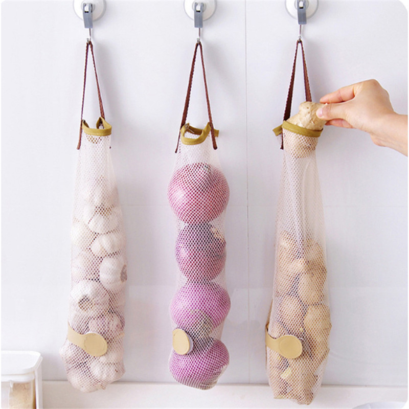 Reusable Vegetables Garlic Onion Hanging Hollow Mesh Breathable Organizer Storage Bags