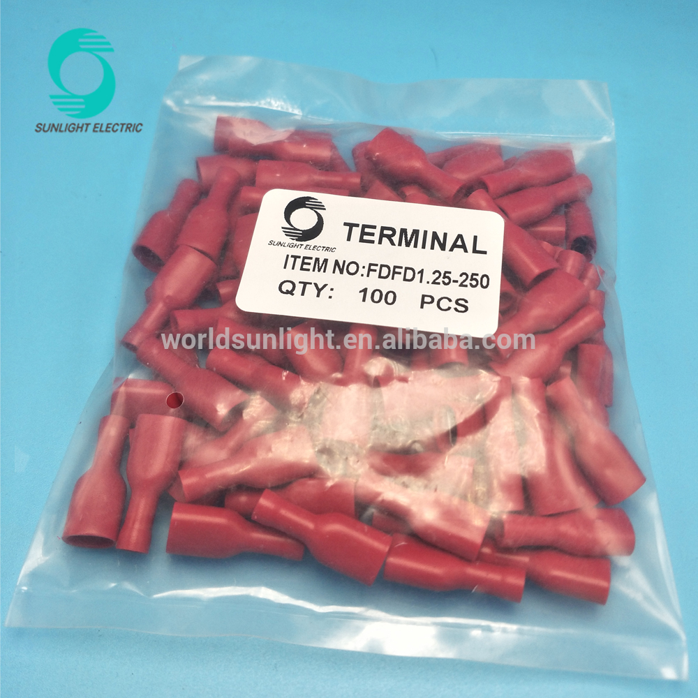 PVC/Brass FDFD1.25-250 fully insulated Female Insulated Electrical Crimp Terminal Connectors Cable Wire Connector