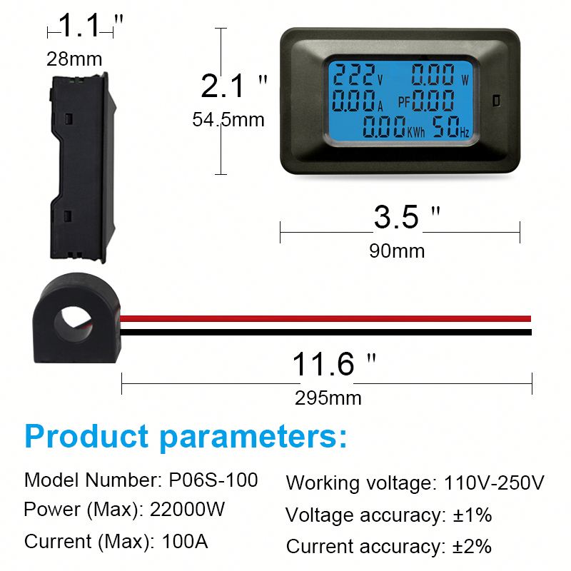 AC22KW 110~250V 100A Digital Voltage Power Energy Voltmeter Ammeter Meters Indicator Current Amps Volt Wattmeter Tester Detector