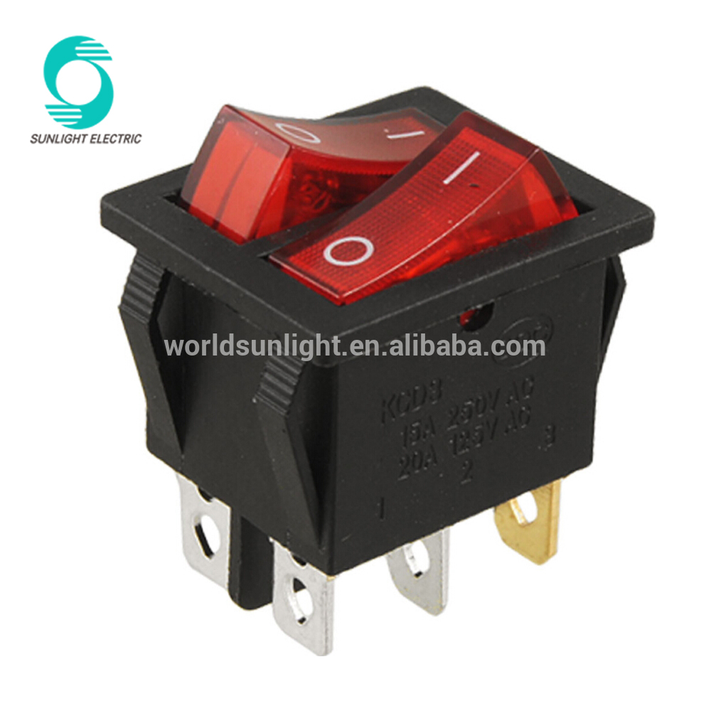 Mounting Hole 31mm x 22mm AC 15A 250V 20A 125V Double Red Light 6 Pin SPST ON OFF 2 Way Boat Rocker Switch