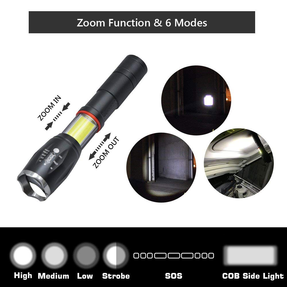 Extendable Emergency Waterproof Portable T6 XML Aluminum Zoom 10W LED COB Tactical Flashlight