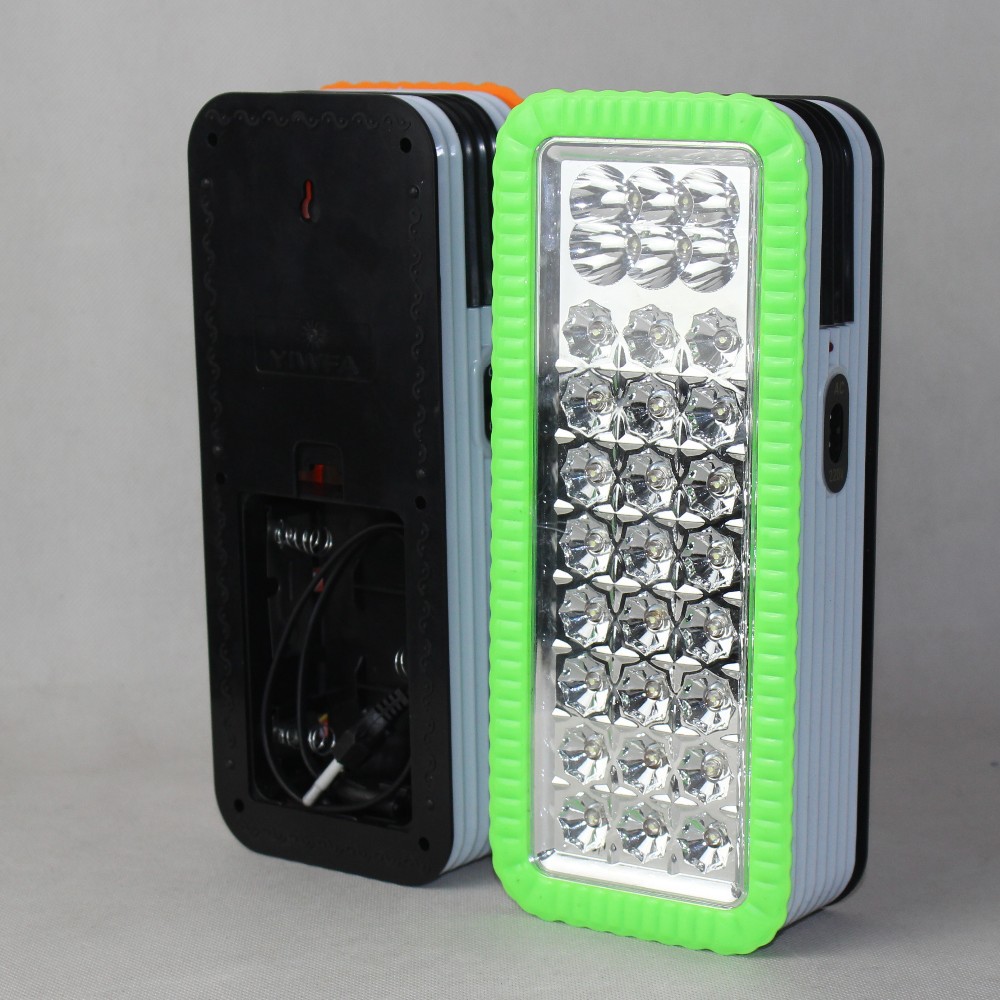 Dual use powerful by 3X D size dry battery and AC 110V/220V 24+6 led rechargeable emergency charging light prices