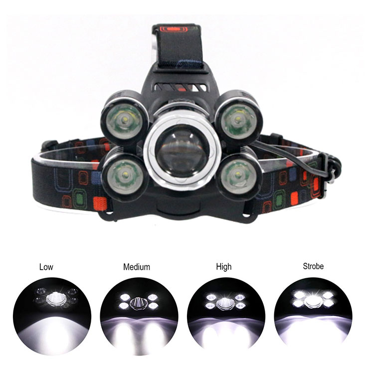 5LED 4 Light Mode High Power Headlamp Charged Lamp Head Torch Light Best Rechargeable Headlamp By USB For Working