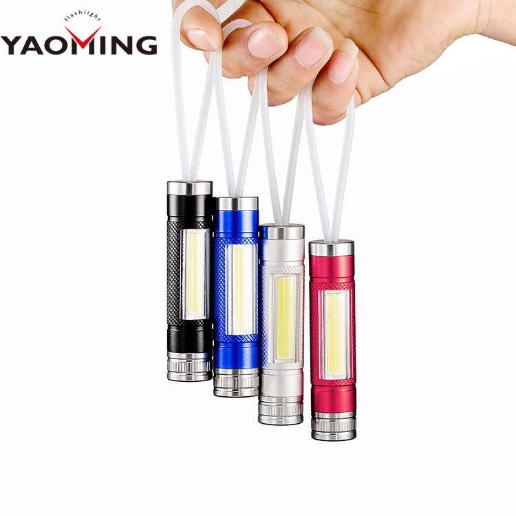 YAOMING Super AA Battery Bright COB LED Flashlight Portable Travel rosh  silicone rope Pocket Mini Flashlight for kids