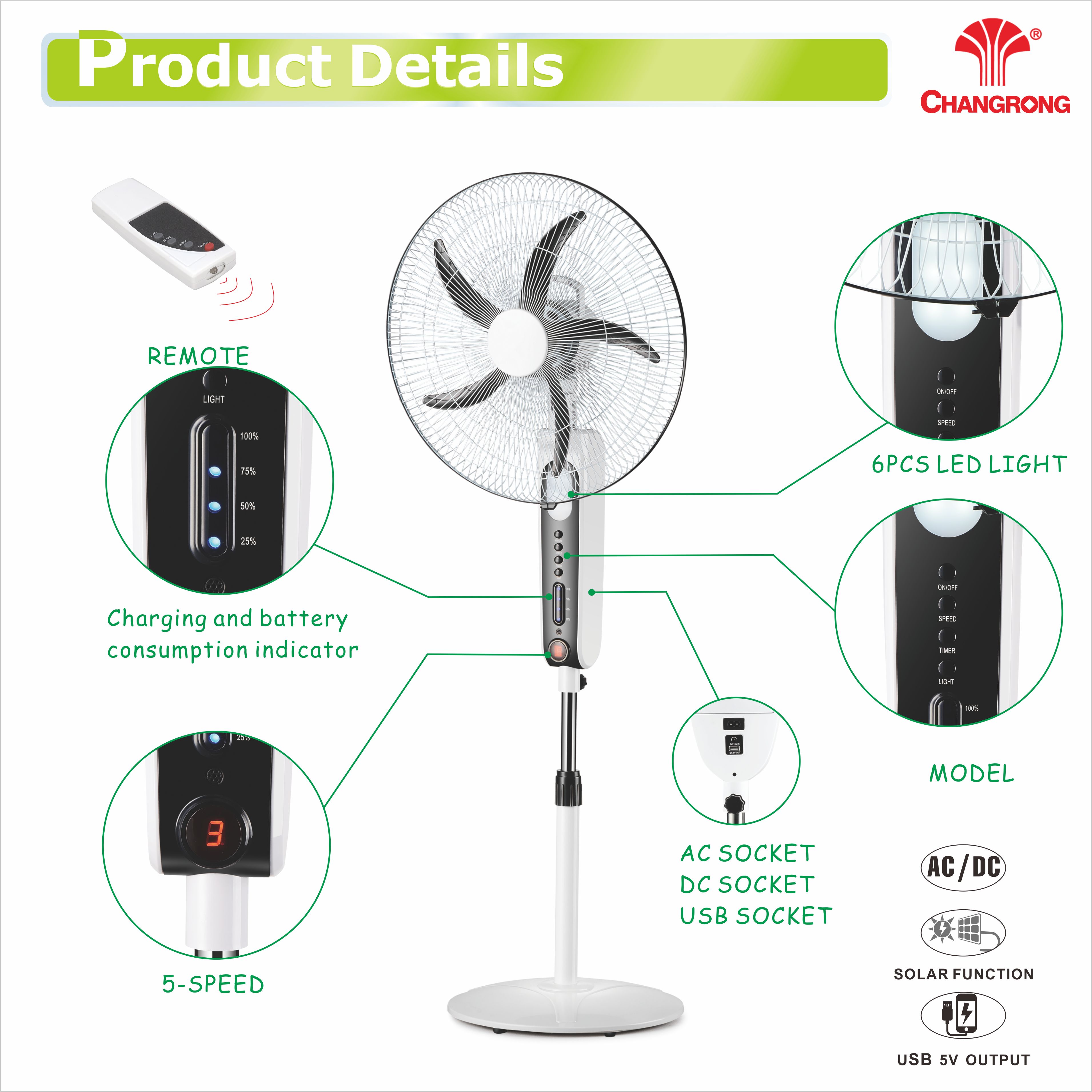 hot selling remote control 18 stand rechargeable solar fan