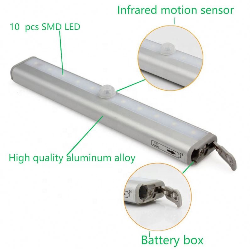 Battery PoweredPIR Sensor Closet Bar Light 10LED Night Light Bar