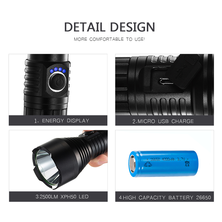 Super led Charge Torch 2km distance tactical flashlight Aluminum USB Rechargeable Flashlight With Energy Display