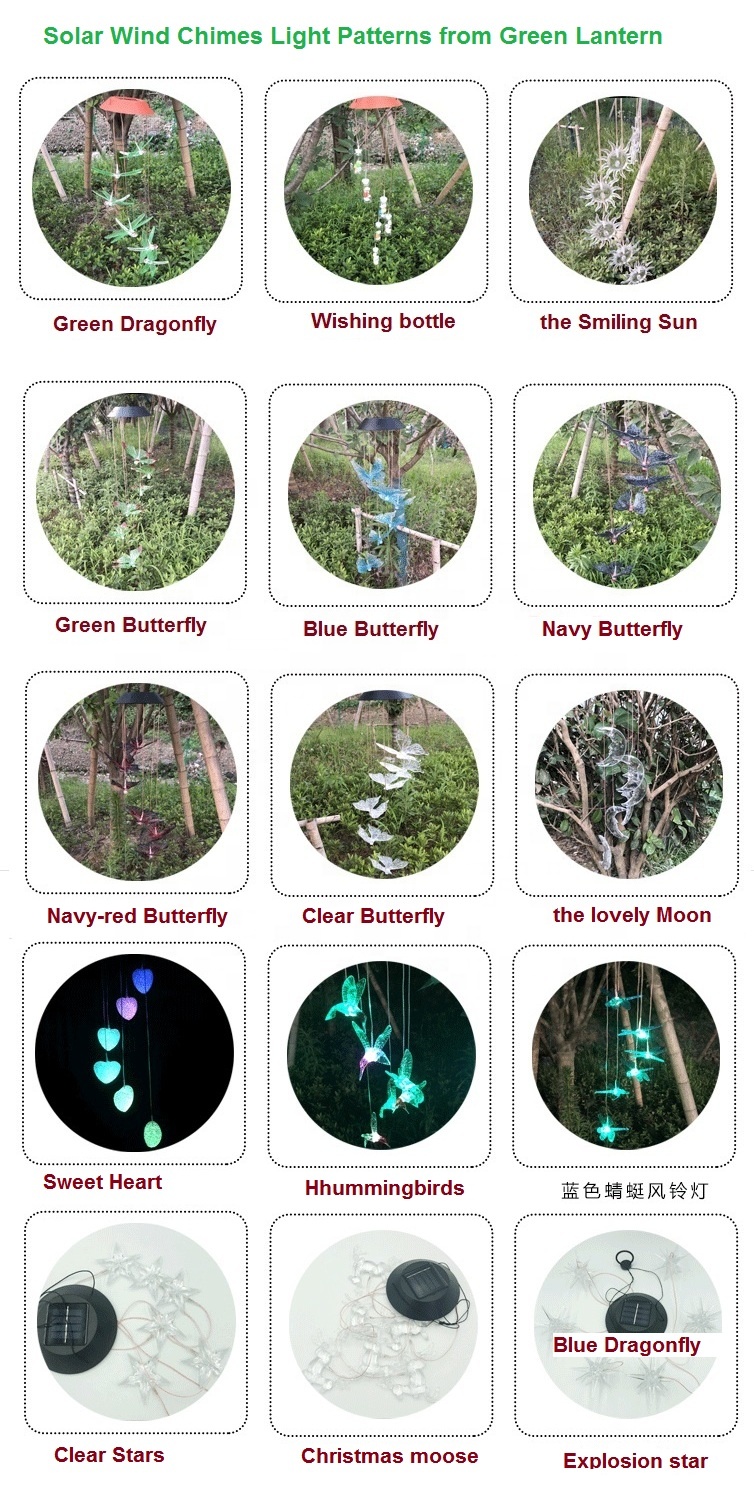 Outdoor Solar Wind Chime Light Colorful hummingbird butterfly dragonfly sun moon star sweet heart Christmas LED Wind Chime Lamp