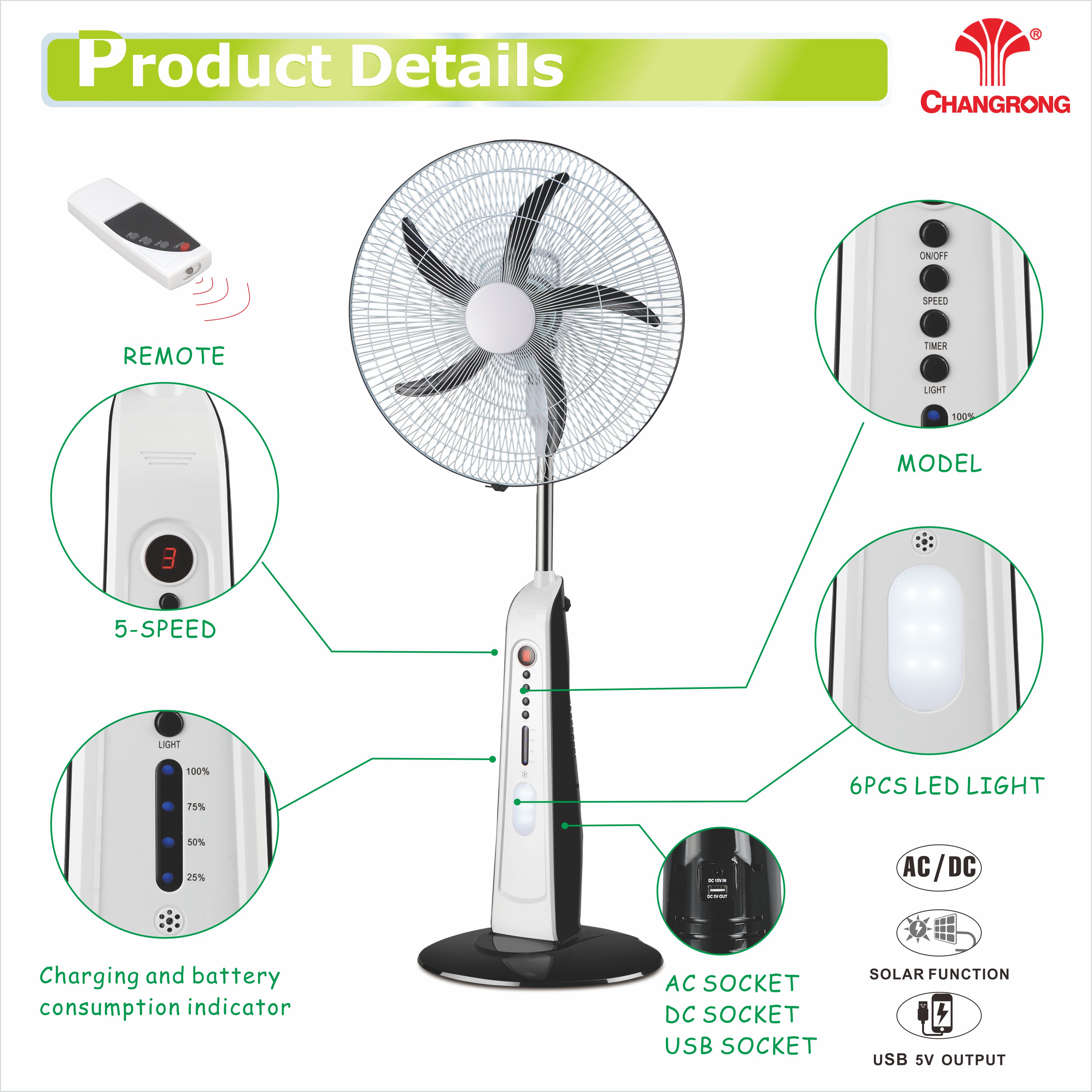 18inch rechargeable stand FAN with remote solar charge