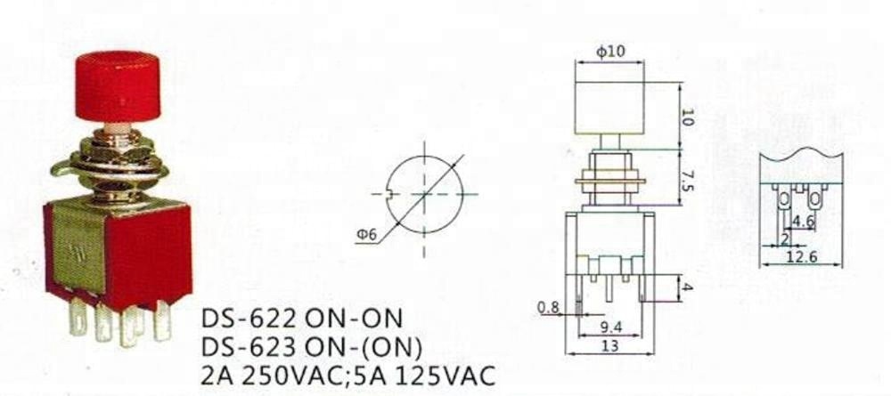 PBS-75.DS-622 DS-623 6MM 6 PINS 2A 250V button toggle switch