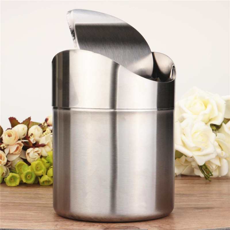 Overvalue Sliver Color Stainless Steel Trash Bin1.5L Mini Car DustBin Swing Lid Kitchen Worktop Waste Rubbish Trash Can