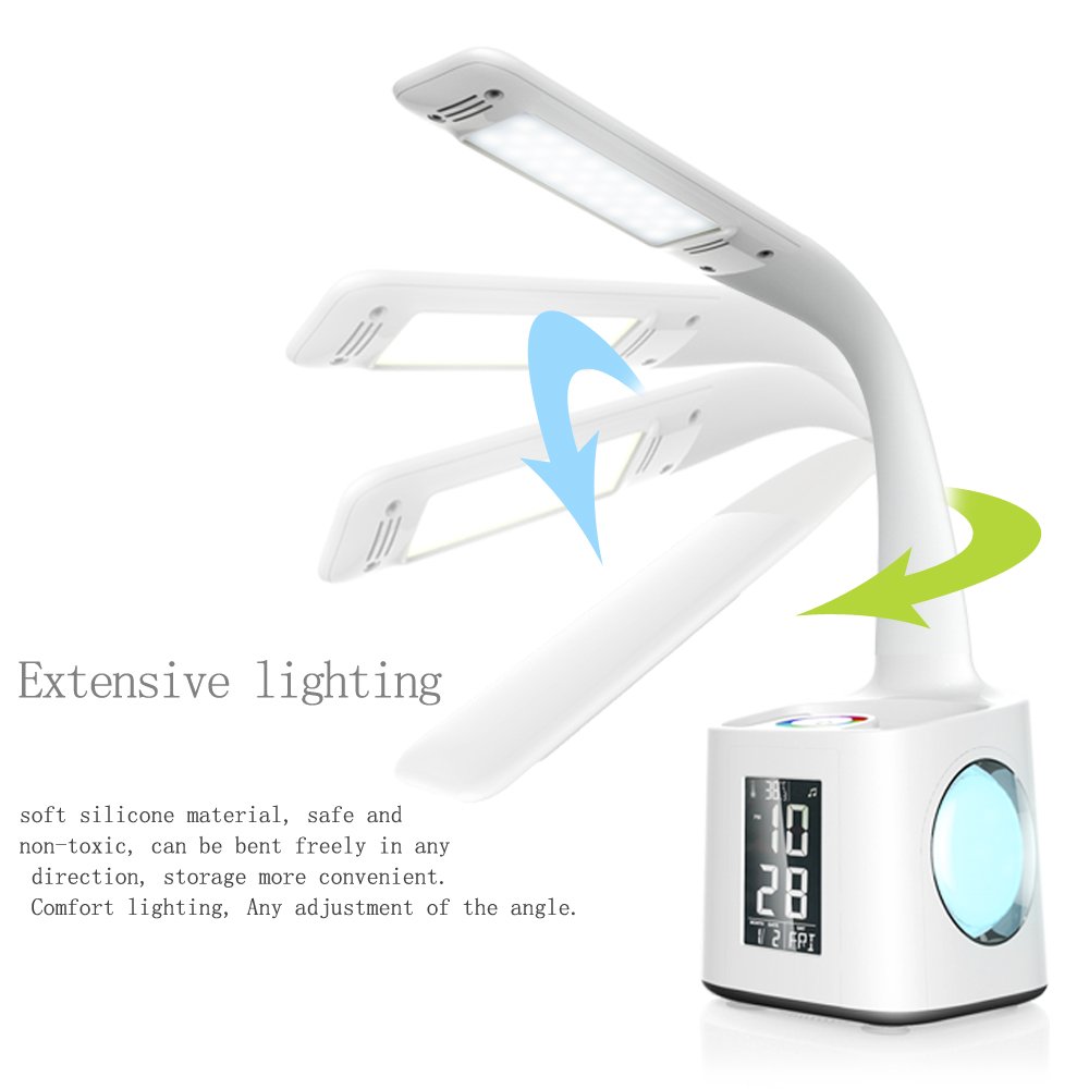 Modern battery rechargeable adjustable pen holder led light desk lamp with calendar alarm clock for kids