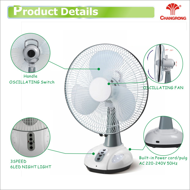 emergency rechargeable 12 inch AC/DC operated fan with led night light remote table fan