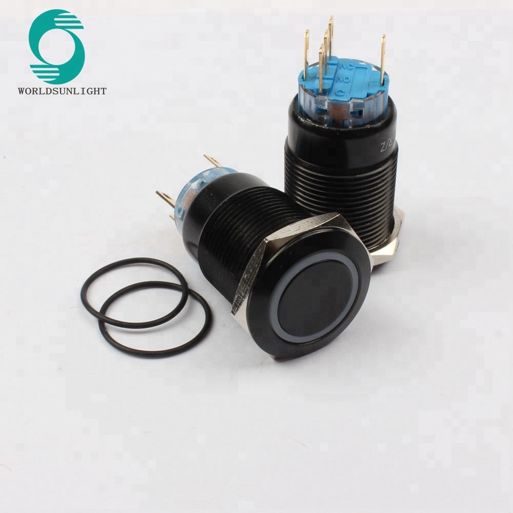 19mm diameter 1NO1NC latching type ring led light illuminated Anti vandal Alumina black metal pushbutton switch