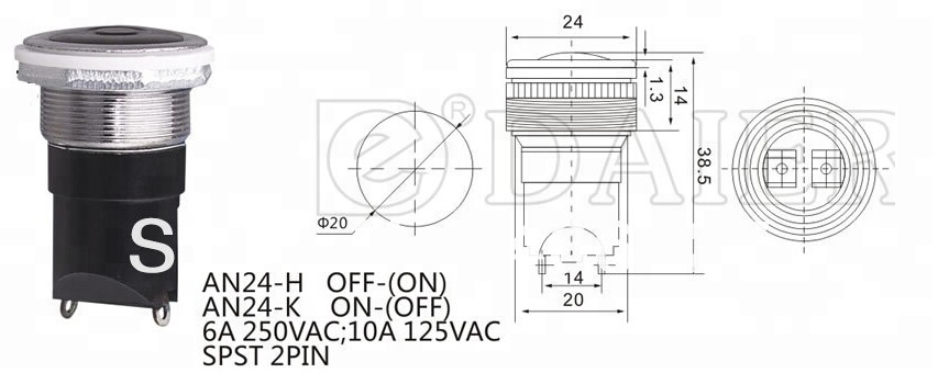 PBS-28 AN24-H 10A OFF-(ON) SPST 2 PIN 20MM push button switch