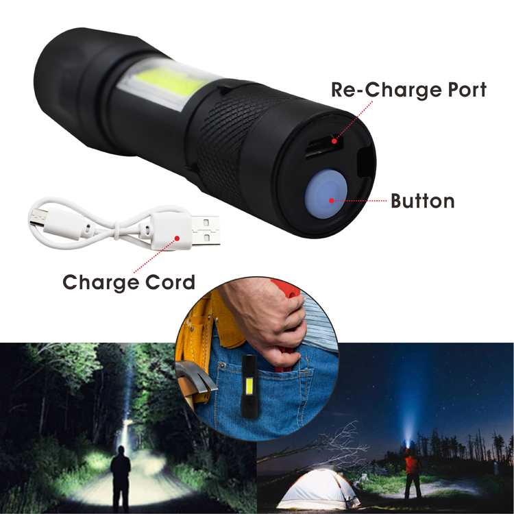 China Supplier Black Adjustable Ultra-Bright COB Led Rechargeable Flashlight