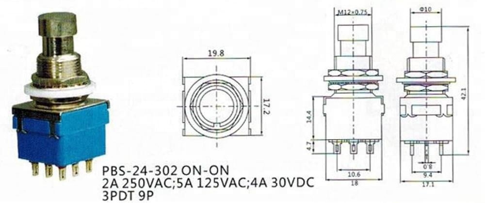 PBS-24-302 ON-ON latching tpdt 9 pins Electric Guitar Effects Foot Pedal Push Button Switch