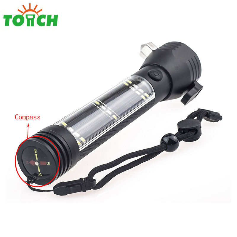 Multifunctional Aluminum USB Rechargeable Li-ion Solar Led Flashlight Tactical Hand Torch with Compass Hammer Knife for Security