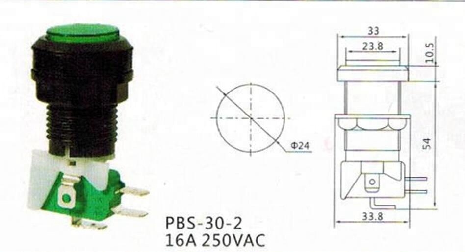 PBS-30-2 24mm 16A green illuminated game arcade push buttons with microswitch