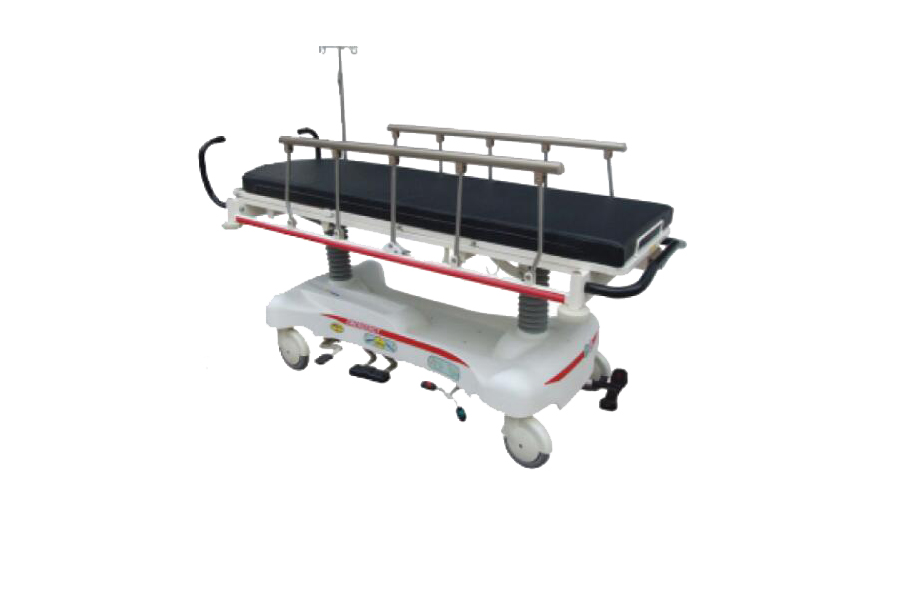 Hydraulic stretcher with wheels in hospital emergency patient trolley