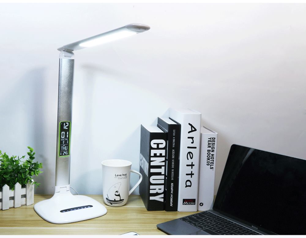 Modern metal portable foldable reading light hotel table lamp with calendar alarm clock for Europe