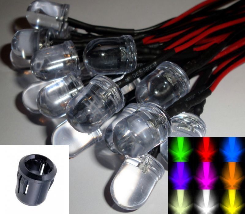 10mm pre-wired LEDs with 12v resistors & optional snap in black plastic bezels/holders