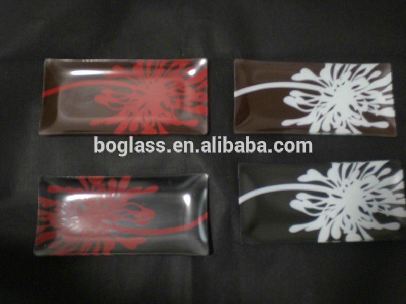 Glass Plate with Decal,square glass dinner plate, glass dinner set