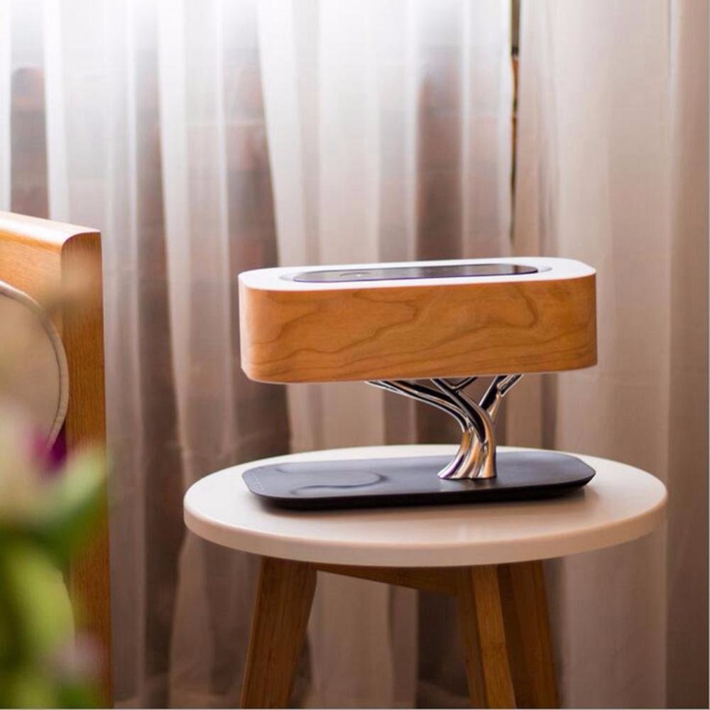 shenzhen Manufacturer hand made wood table lamp blue tooth speaker Wireless Charger Night Light lamp