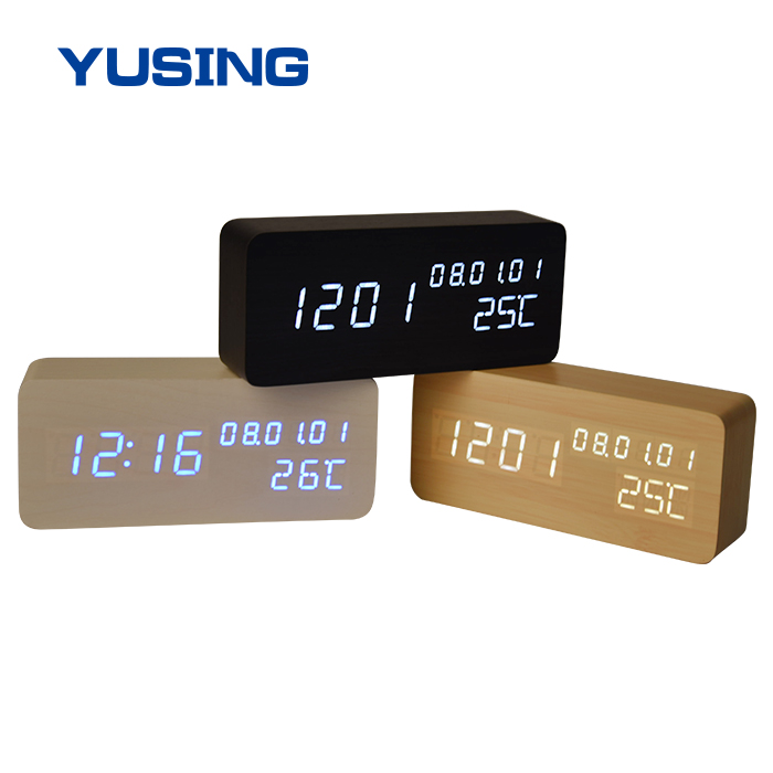 Wood Material Perpetual Calendar Display Acoustic Control Sensing Desk Smart LED Digital Clock