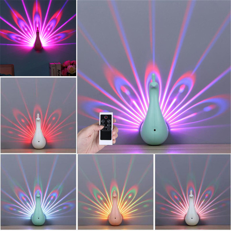 LED Baby Night Light Home Decor USB Rechargeable Peacock Projector Lamp for Kids Children 7 Colors Animal Wall Corridor Lights