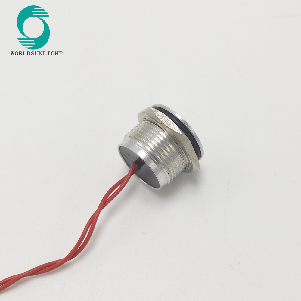 WS160F1NOMR6 IP68 16mm natural anodized concave Flyingleads 200mA 24VAC/DC Normally open Momentary piezo switch