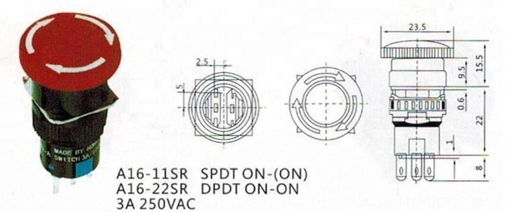 PBS-96 A16-11SR 250V 3A SPDT emergency stop mushroom push button switch