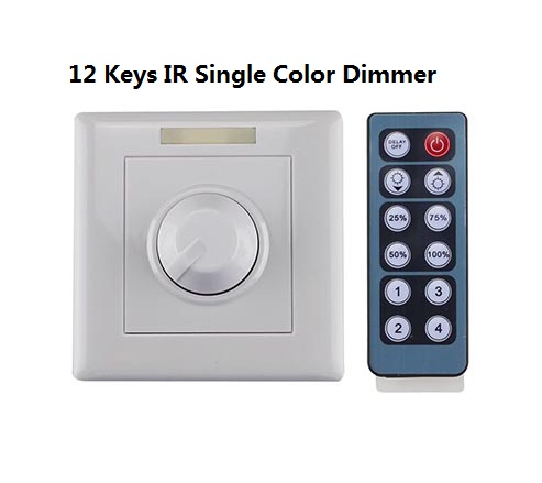 DC12-24V/AC90-240V 12 Keys IR Wireless Remote Control and Knob-operated Control Single Color LED Strip Dimmer