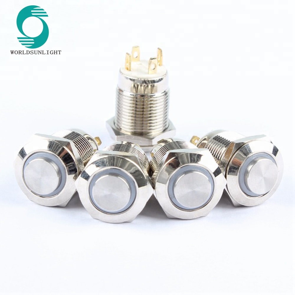 XL12N/HJ-5BR Diameter 12mm DC 5V Blue LED Indicator Light DPST Momentary Nickel-plated Brass Pushbutton Switch