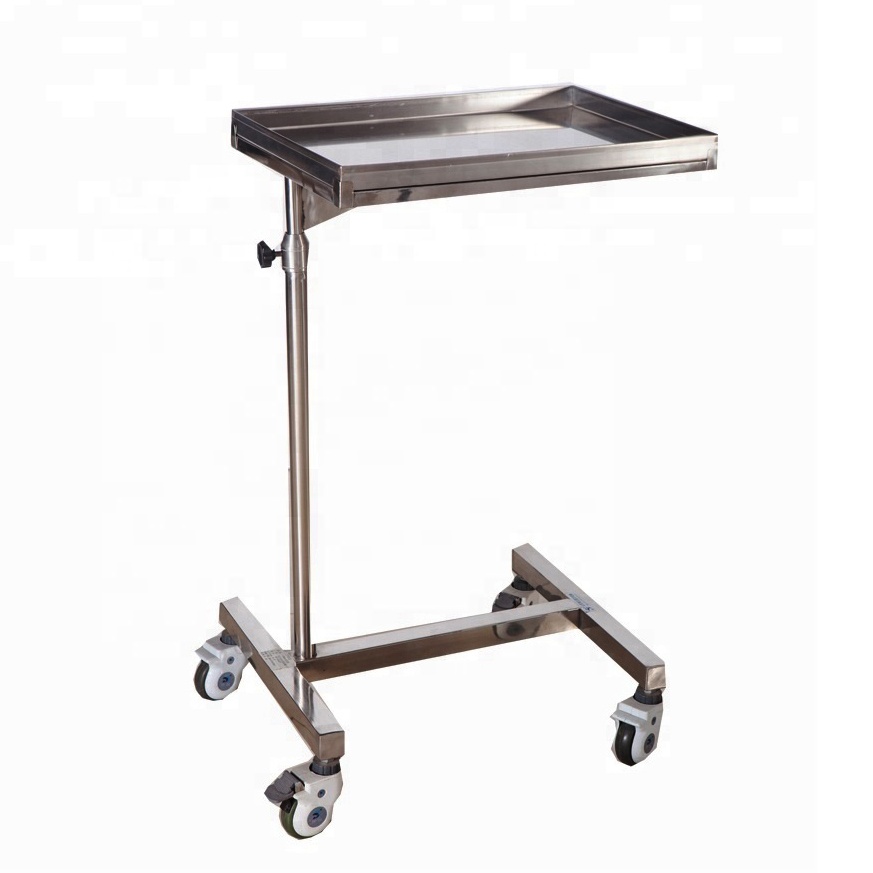 Stainless steel medical surgical mayo table/ adjustable tray stand with lockable wheels