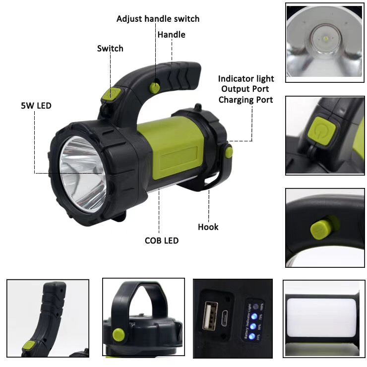 USB Rechargeable LED Camping Lamp Hand Lighting Emergency Long Range Searchlight