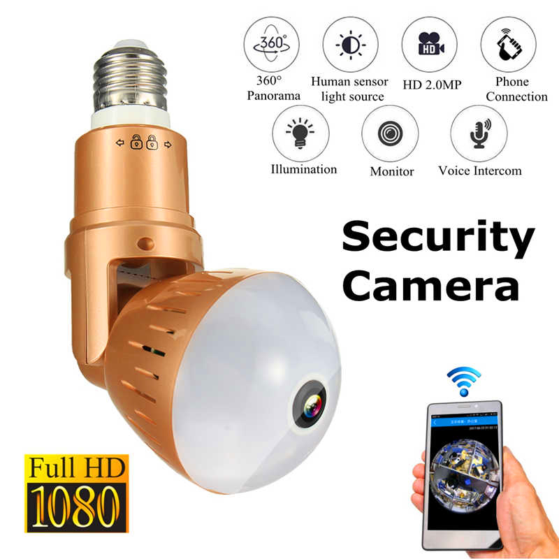 Light Bulb Security Cameras WiFi 1080P HD Panoramic Fish eye Security Surveillance Motion Detection Remote Control Baby Cam