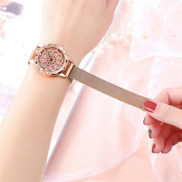 New Women 360 degree Rotation Watch  Luxury Fashion Mesh Magnet Wristwatch Geometric Quartz Watch