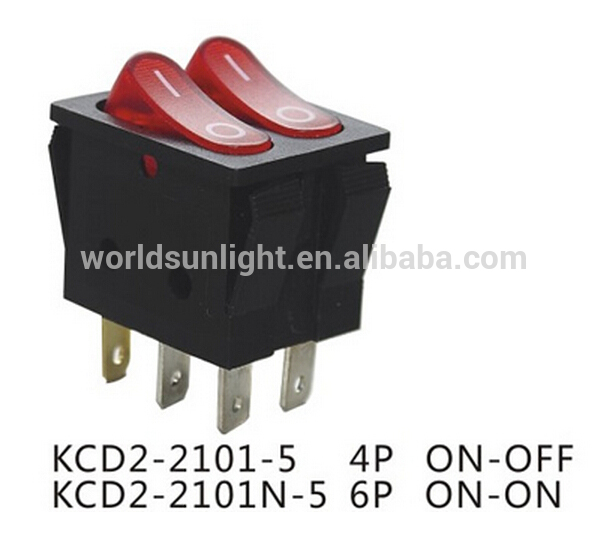 CQC certificated KCD2-2101N-5 ON-ON dpst led illuminated kcd2 6-pins rocker switch