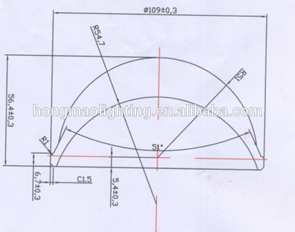 110mm glass lens with 56mm height 120degree for led light lens