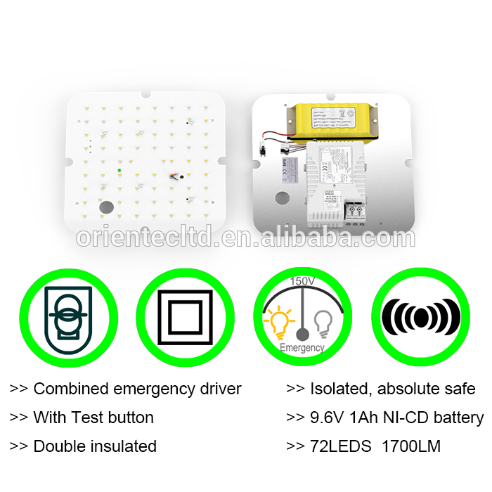 OT-HSC72EMC  1700LM LED15W LED square tray with microwave sensor and emergency