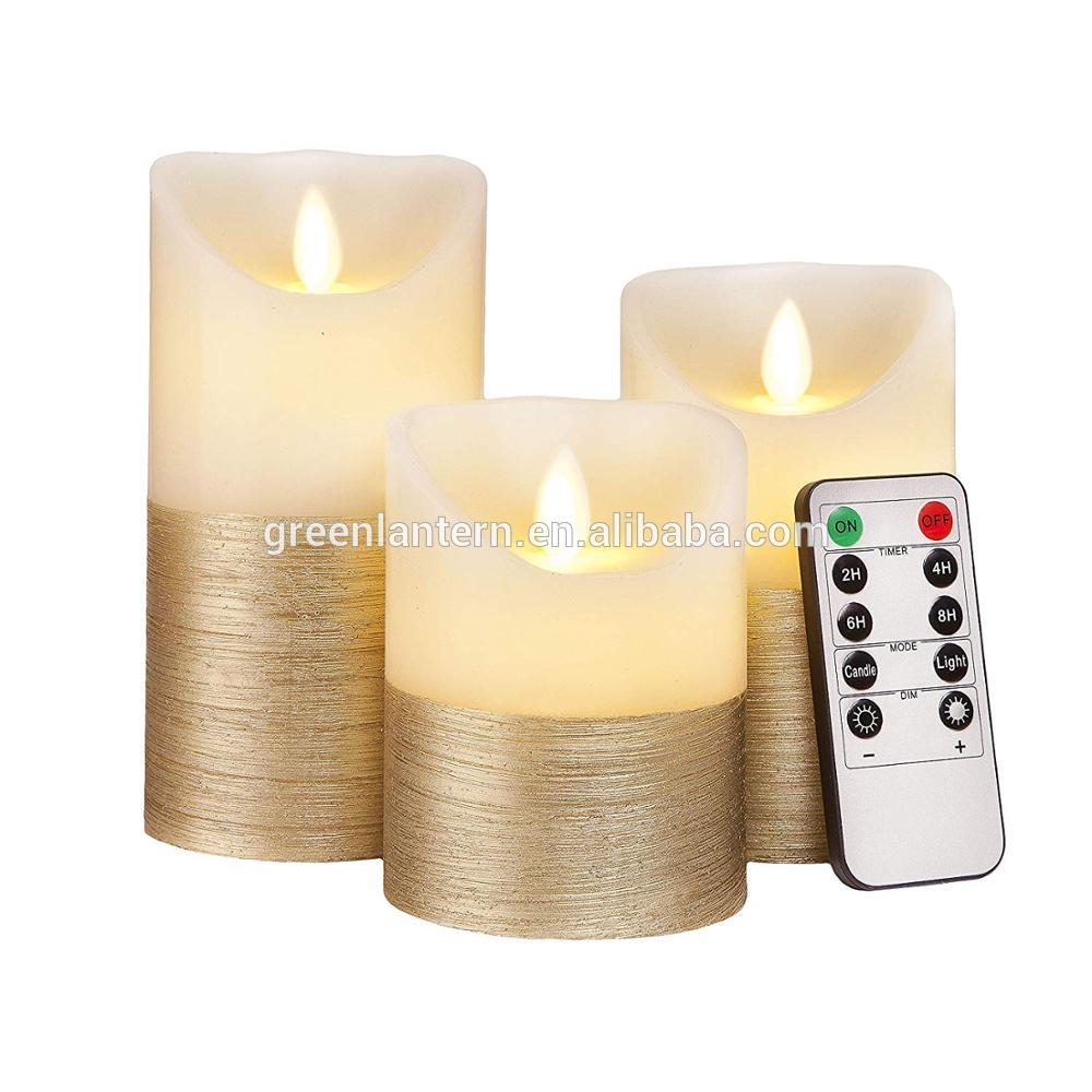 Flameless Candles Set of 3 1/2 Brushed Gold Spray Paint Swing 10 Key Remote Control  Real Wax Candle